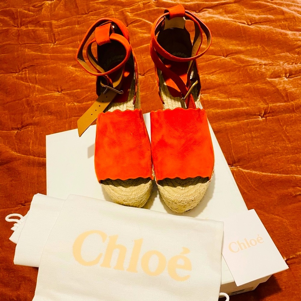 CHLOÉ scalloped suede espadrille wedge sandals